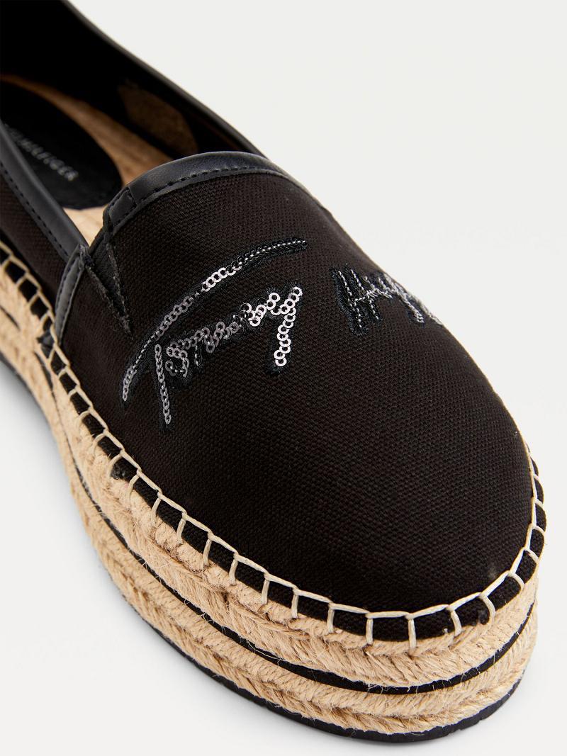 Női Tommy Hilfiger Sequin Signature Espadrille Alkalmi Cipő Fekete | HU 596GSO